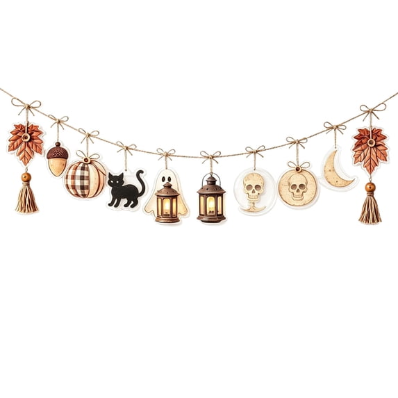 59Inch Halloween Acrylic Hanging Banner - Rustic Fall Pumpkin Ghost Skull Witch Hat Hanging Garland with Tassels - Vintage Autumn Thanksgiving Wall Mantel Fireplace Party Decor