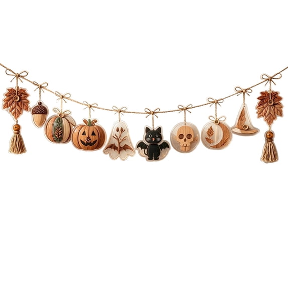 59Inch Halloween Acrylic Hanging Banner - Rustic Fall Pumpkin Ghost Skull Witch Hat Hanging Garland with Tassels - Vintage Autumn Thanksgiving Wall Mantel Fireplace Party Decor