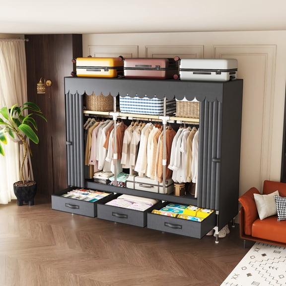 59Inch Portable Closet Organizer, 3 Hanging Rods, 3 Drawers & 3 Storage Shelves, Dustproof Non-woven Fabric Wardrobe, Easy to Assemble for Bedroom, Grey