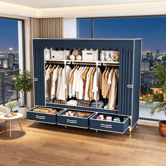 59Inch Portable Closet Organizer, 3 Hanging Rods, 3 Drawers & 3 Storage Shelves, Dustproof Non-woven Fabric Wardrobe, Easy to Assemble for Bedroom