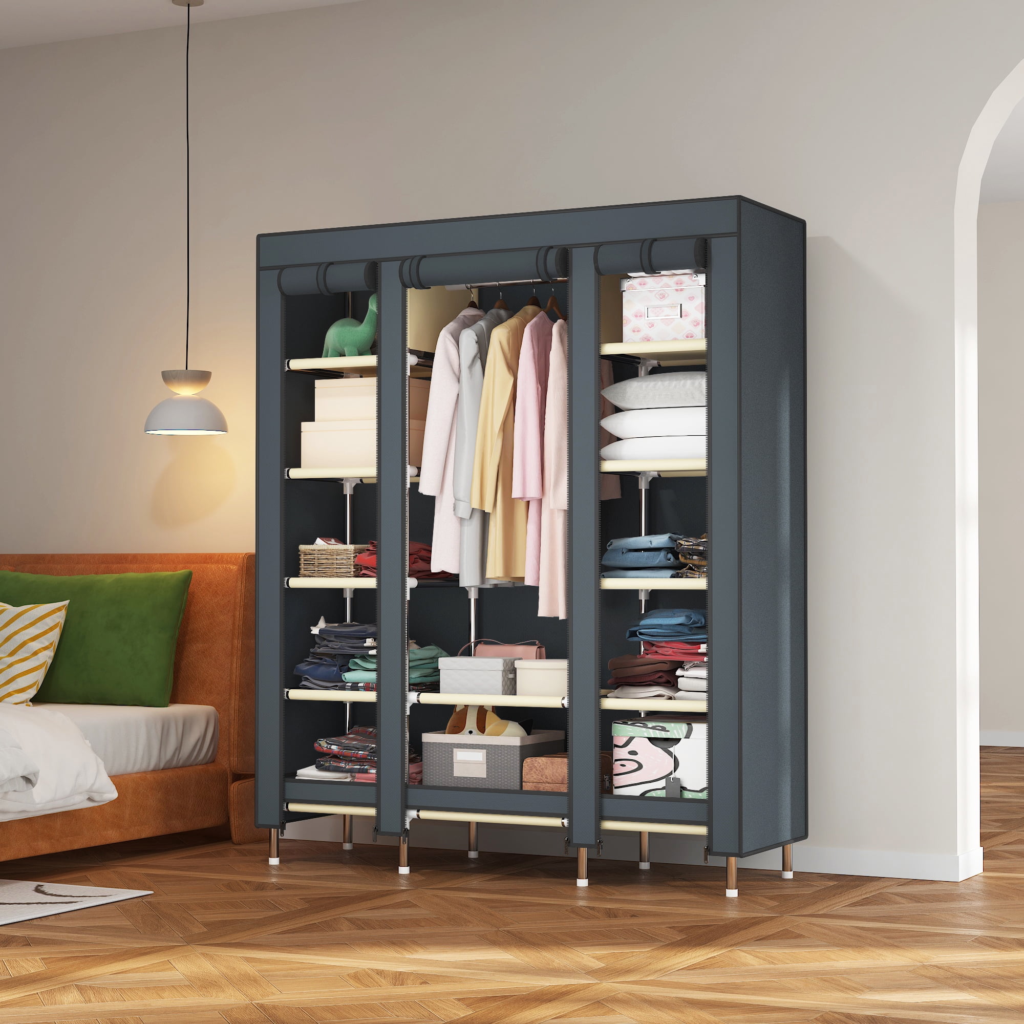 59Inch Portable Closet Organizer with Lid, Hanging Clothing Rack, 11 ...