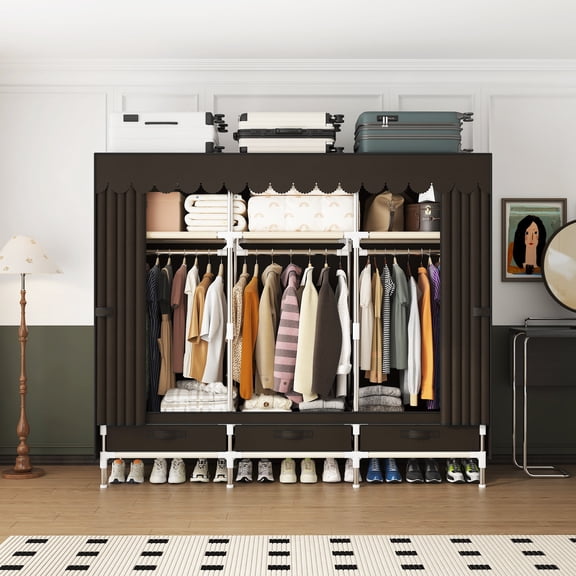 59Inch Portable Fabric Wardrobe Closet, Dustproof Non-woven Storage Organizer with 3 Hanging Rods, 3 Drawers & 3 Shelves, Easy to Assemble for Bedroom, brown