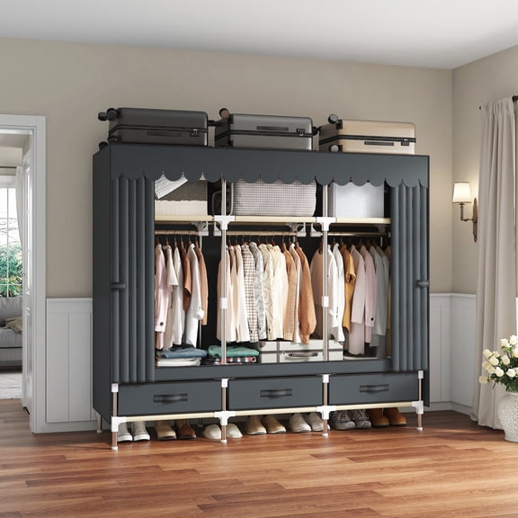 59Inch Portable Closet, Wardrobe Closet Organizer with Hanging Rods, 3 Drawers & 6 Shelves Closet Organizer, Grey