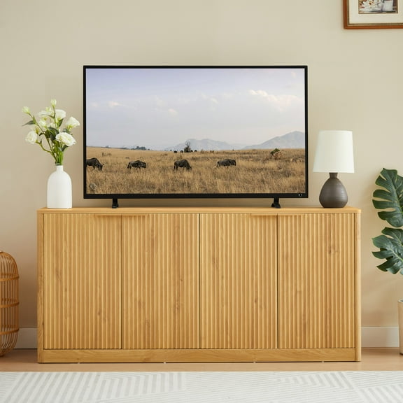 59" Storage Cabinet with 4 Doors, Multi-functional TV Cabinet with Wavy Sideboard, Modern Curved Contour Design Storage Cabinet for Kitchen, Bedroom, Living Room, Natural