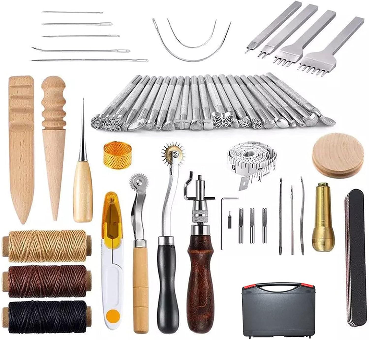 59PCS Leather Working Tools Set with Leather Tool Box Prong Punch Edge Beveler Wax Ropes Needles Perfect for Stitching Punching Cutting Sewing Leather Craft Making