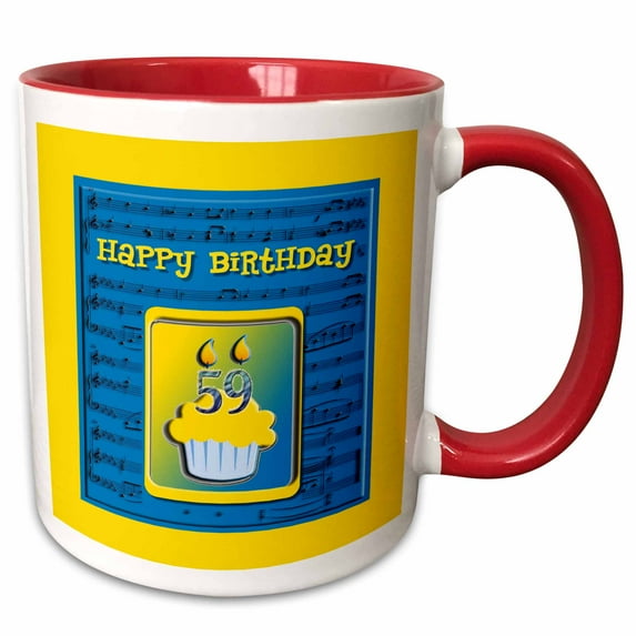 3drose, 59th Birthday Cupcake on Music Notes, Blue and Yellow, 11oz Two-tone Red Mug