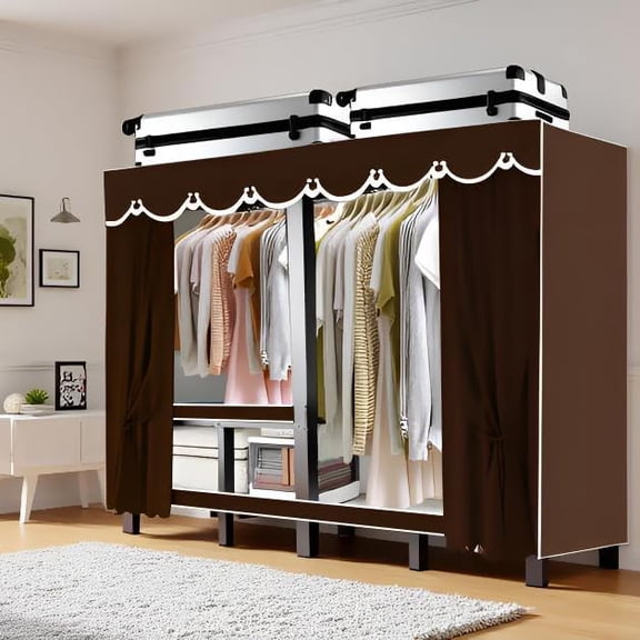 59in/4.9ft Foldable Portable Wardrobe Closet with Cover, Heavy Duty Clothing Rack for Hanging Clothes has 59in Vrtical Storge Space, Coffee Metal Garment Rack (c, L:59.05")