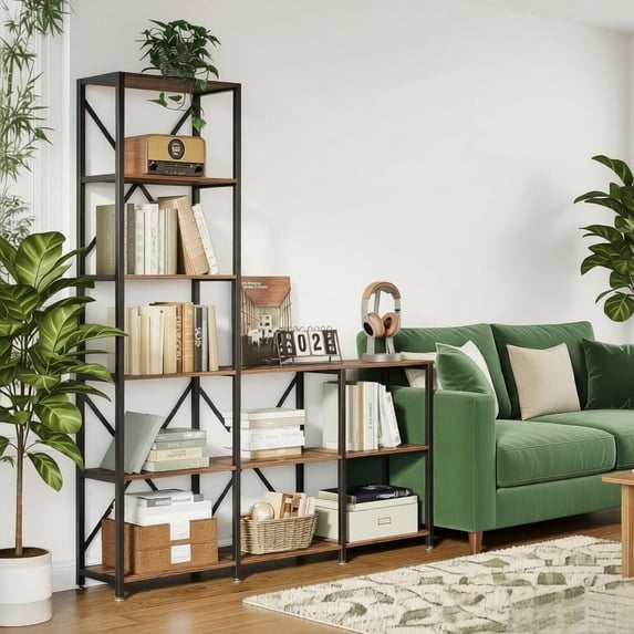 59in 5 Tier L Shaped Ladder Bookshelf Corner Storage Shelves Industrial Bookcase with Metal Frame Particle Board for Living Room Bedroom Home Office Kitchen Plant Stand Display Rack Black