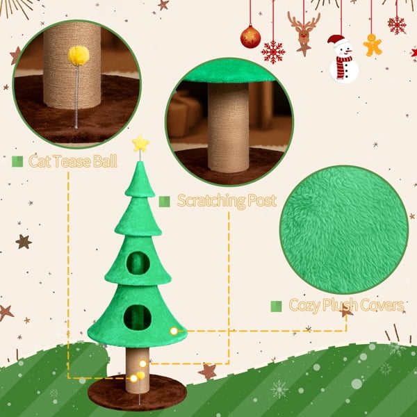 59in Christmas Tree Cat Tower with 2 Condos & Scratching Post - Large Fleece Cat Tree with Teaser Toys for Indoor Cats, Green
