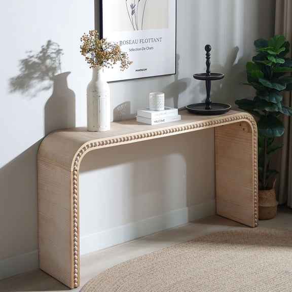 59in Curved Waterfall Console Table with Beaded Trim - Antique Natural
