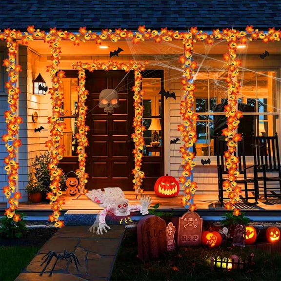 59in LED Pumpkin Maple Leaf Garland - Battery Operated Fall Lights for Indoor/Outdoor Halloween & Thanksgiving Decor (Orange Waterproof String Lights)