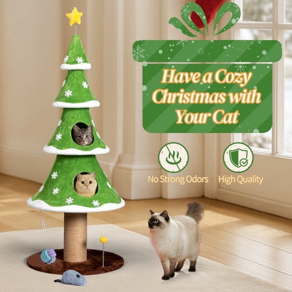 59in Large Tall Christmas Tree Cat Tower - 2 Cat Houses, Soft Fleece, Teaser Toy, Sisal Scratching Post, Multi-Level Activity Center for Cats