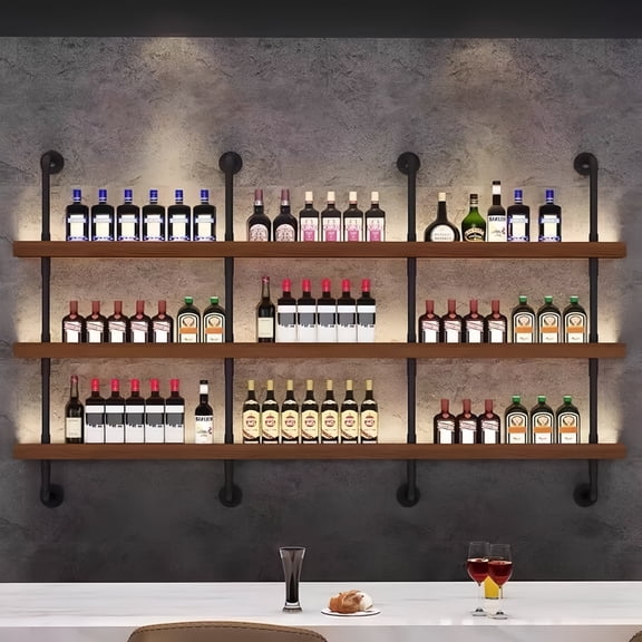 59in Large Wall Mounted Wine Rack, 3 Tier Industrial Pipe Shelf Rustic Wood Shelves, Wall Bar Shelves for Liquor Bottles Display Storage Organizer for Dining Room(Walnut, No Lights)