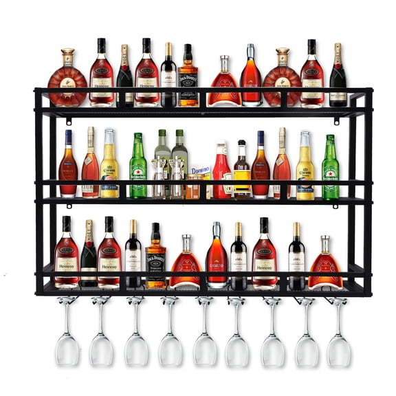 59in Metal Wine Rack Wall Mounted, Wall Bar Shelves for Liquor Bottles with LED Light, 3 Tier Large Capacity Liquor Rack Wall Mounted with Glass Holder for Home Bar & Dining Room