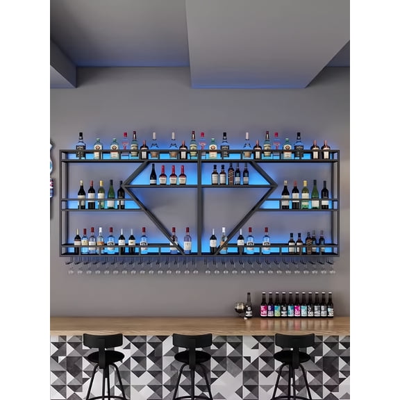 Pikysailed 59in Modern Wall Mounted Wine Rack w/ LED Light, Metal Bar Shelves Wall Mounted w/ Glass Holder, Large Liquor Shelf for Kitchen & Dining Room