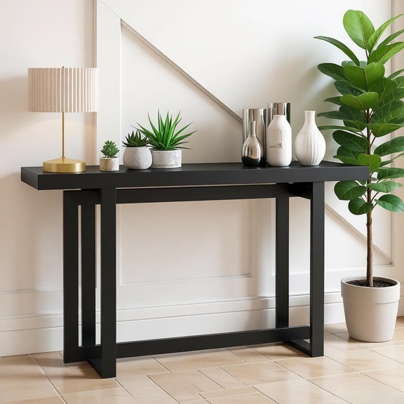 59in Modern Wood Console Table Entryway Sofa Table Concrete Textured Surface Solid Pine Wood Frame 160lbs Capacity for Living Room Hallway Foyer Corridor Bedroom Entryway Decor Black