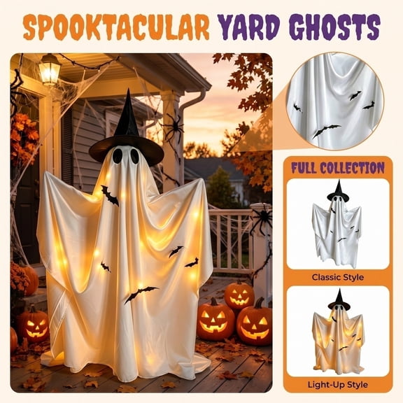 59in Standing Ghost Halloween Yard Decor with Witch Hat & Bat Pattern, 2 Versions (LED Light-Up / Non-Light) Outdoor Porch Garden Party Prop Ornament,A