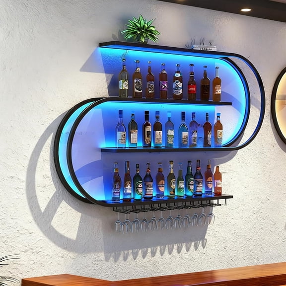 59in Wall Mounted Metal Wine Rack with LED Light, Floating Wine Bottle Stand 4-Tier, Black Industrial Bar Liquor Bottle Display Shelf,for Home Bar Storage and Display (59in)