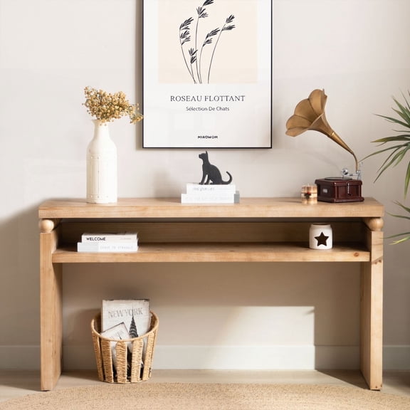 59in Wood Console Table, Spacious Storage for Entryway with Decorative Bead