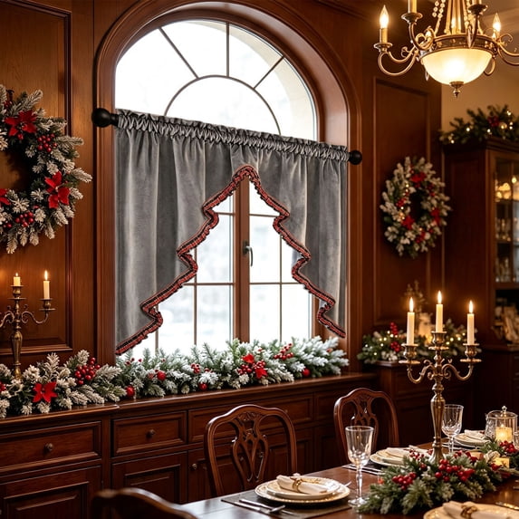 59x24in Christmas Tree Shape Swags Valance Curtains, Farmhouse Valance, for Holiday Home Decor, Blackout Rod Pocket,Gray