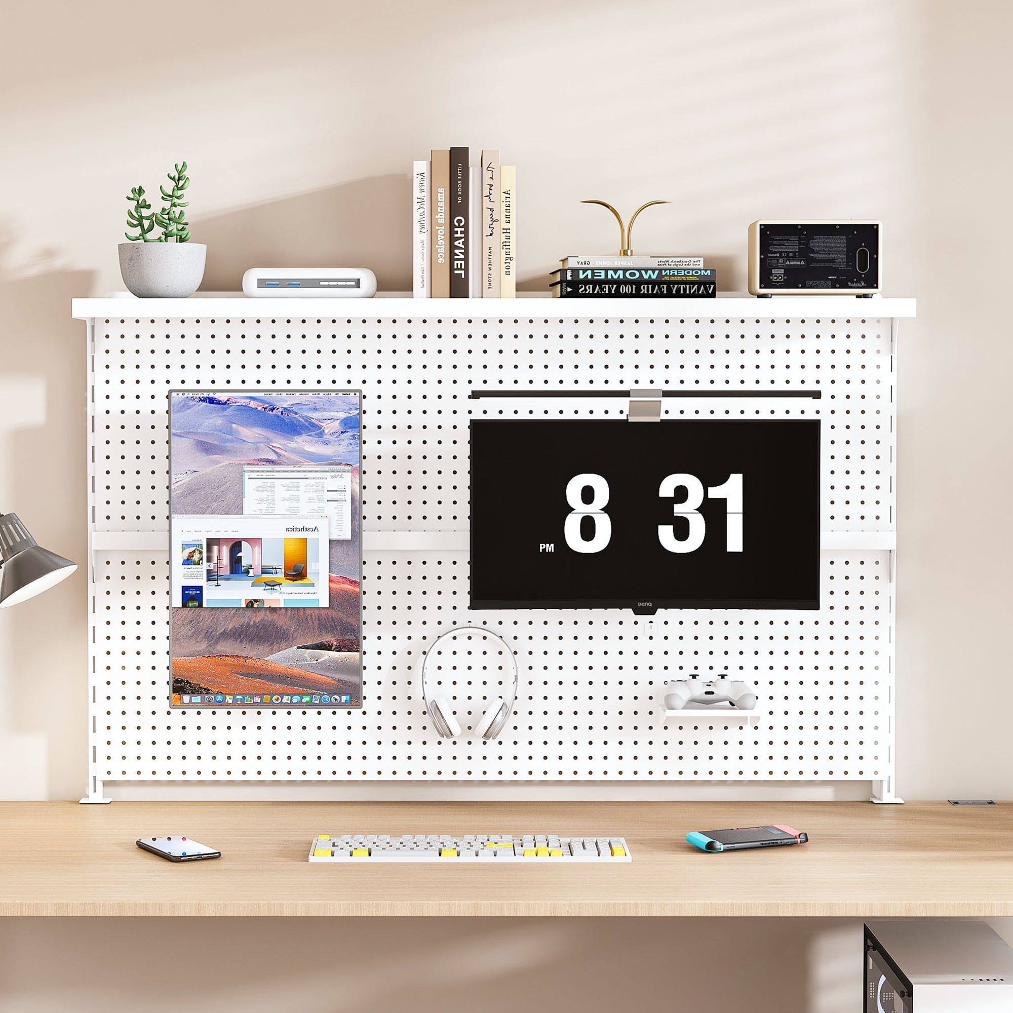 59x35 Inch Desk Pegboard, Metal Desk Organizer with Dual Monitor Stand, Large Privacy Panel with 3 Accessories, for Office, Study, Gaming Desk, White