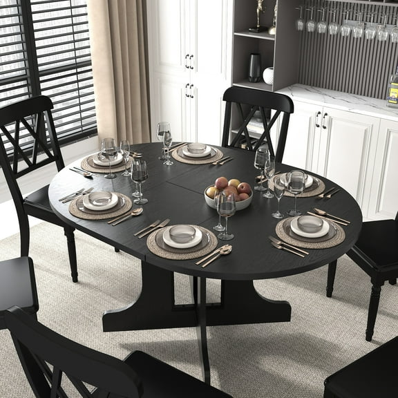 59x43 Inch Expandable Oval Dining Table For , Removable Leaf, Black Trestle X Base, Seats 6 , Stylish Appearance,