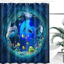 59x71in Waterproof Shower Curtain Polyester Dolphin Fish Ocean with 10 Hooks for Bathroom Hotel