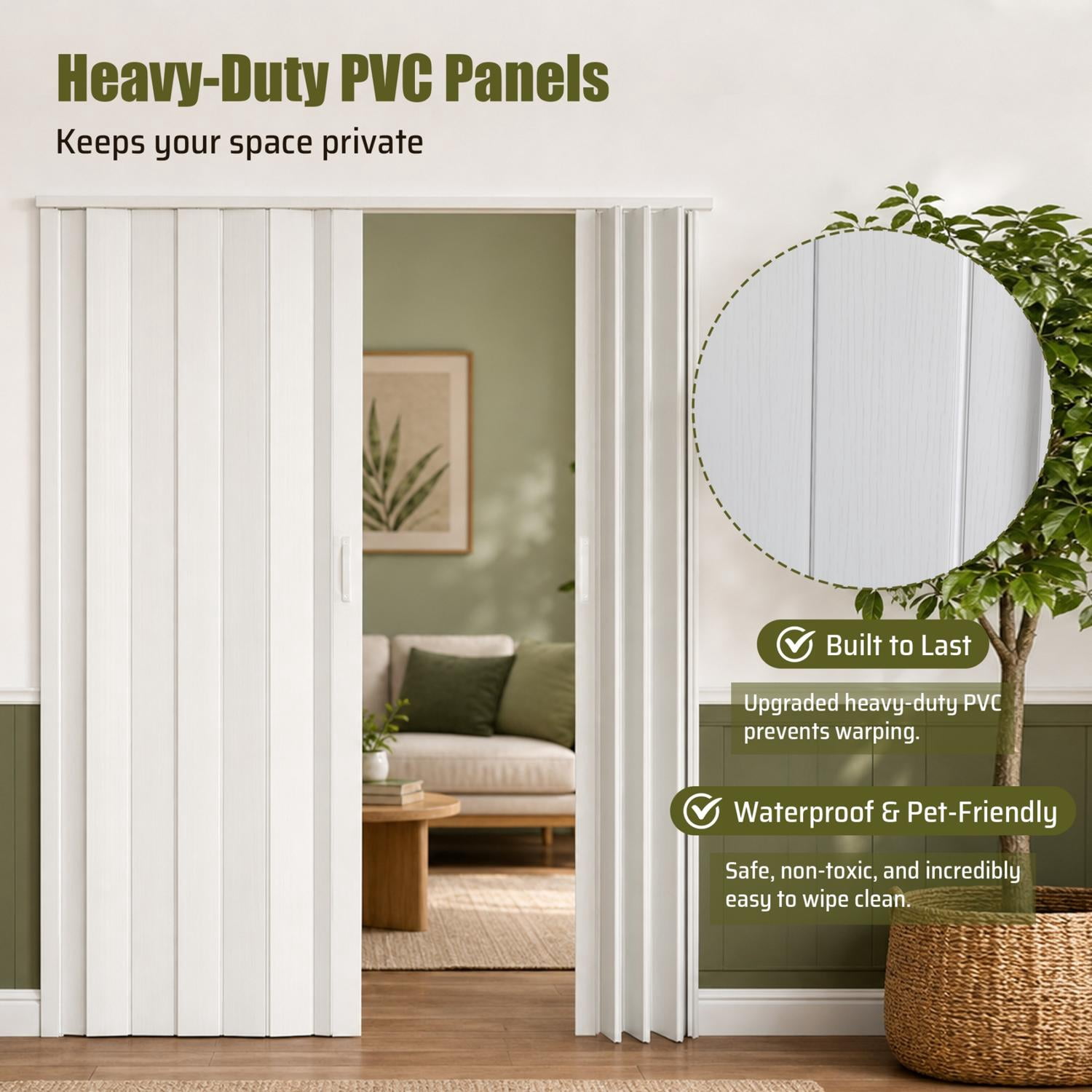 59x77-Inch PVC Accordion Folding Door with Double Opening and Quiet Rollers, Heavy Duty Room Divider and Closet Door for Bedroom Laundry Room, White