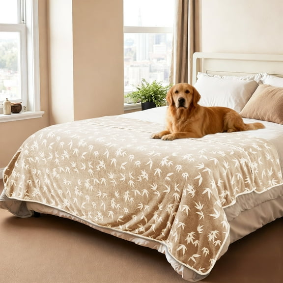59x79 inch Bamboo Leaf Pattern Bed Blanket, Lightweight Sofa Blanket, Camel