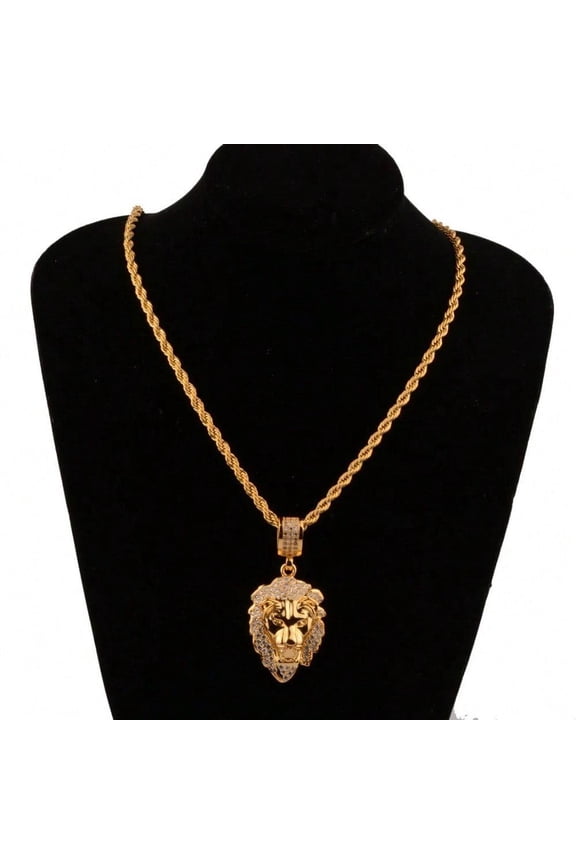 5A+ CZ Stone Bling Lion Pendant Necklace, Hip Hop Ice Out Chain Jewelry for Men Rapper