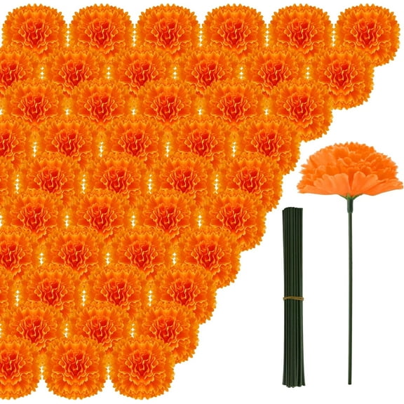 5Artificial Marigold Flower Heads, Silk Marigold Heads Bulk Fake Flowers for Dia De Los Muertos Decor DIY Marigold Garland Day of The Dead Decorations