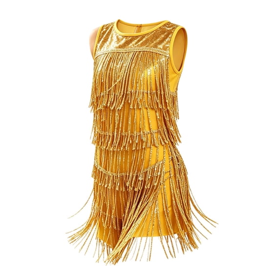 Bobifish Girls Dance Dress Glitter Sequin Layered Fringe Sleeveless Stage Performance Flowy Dress Girls Dress