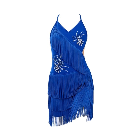 5Bobifish Toddler Girls Latin Dance Dress Flowy V Neck Sleeveless Fringe Rhinestone Print Dress Stage Children Girls Dress