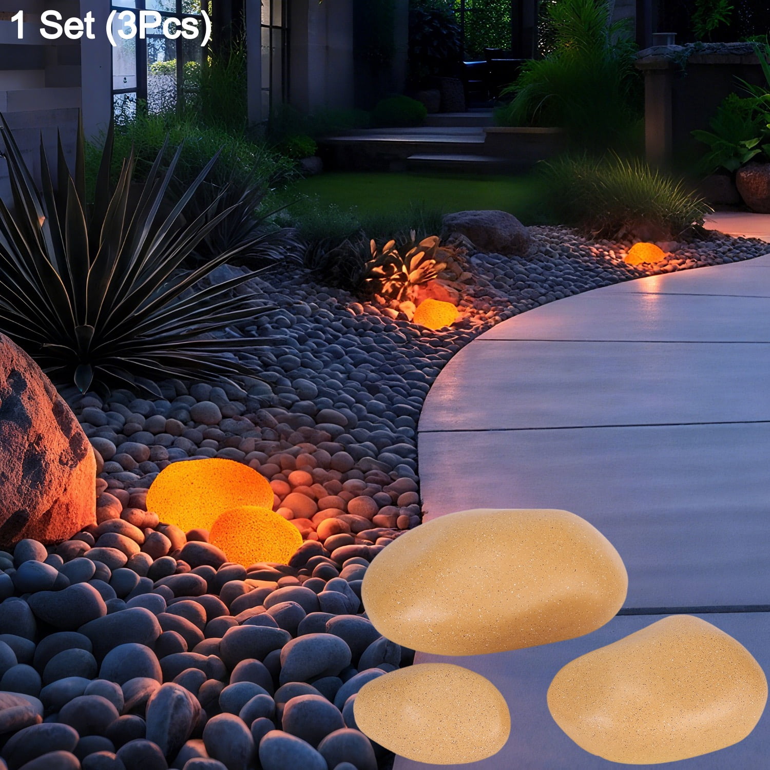 5CCT 3-Size Decorative Stone Lighting Kit, 3W Low Voltage Outdoor Glow Pebble Shape LED Landscape Light, 1800K/2700K/3000K/4000K/5000K Selectable, Yellow