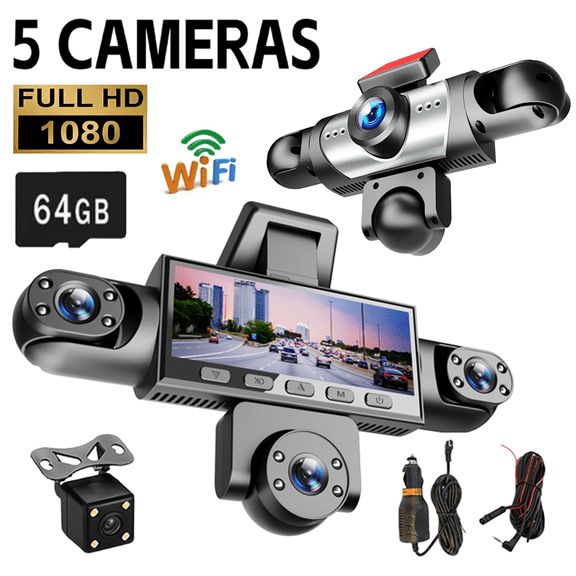 5CH Full View Car Dashcam System,360,Front Rear Inside Recorder With/Night Visio and 64GB Card