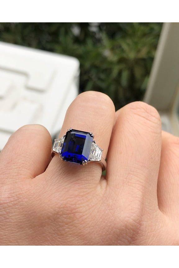 5CT Emerald Cut Three-Stone Royal Blue Stone Center Stone with Tapered Baguette Prong Setting Bridal And Engagement Ring 925 Sterling Silver