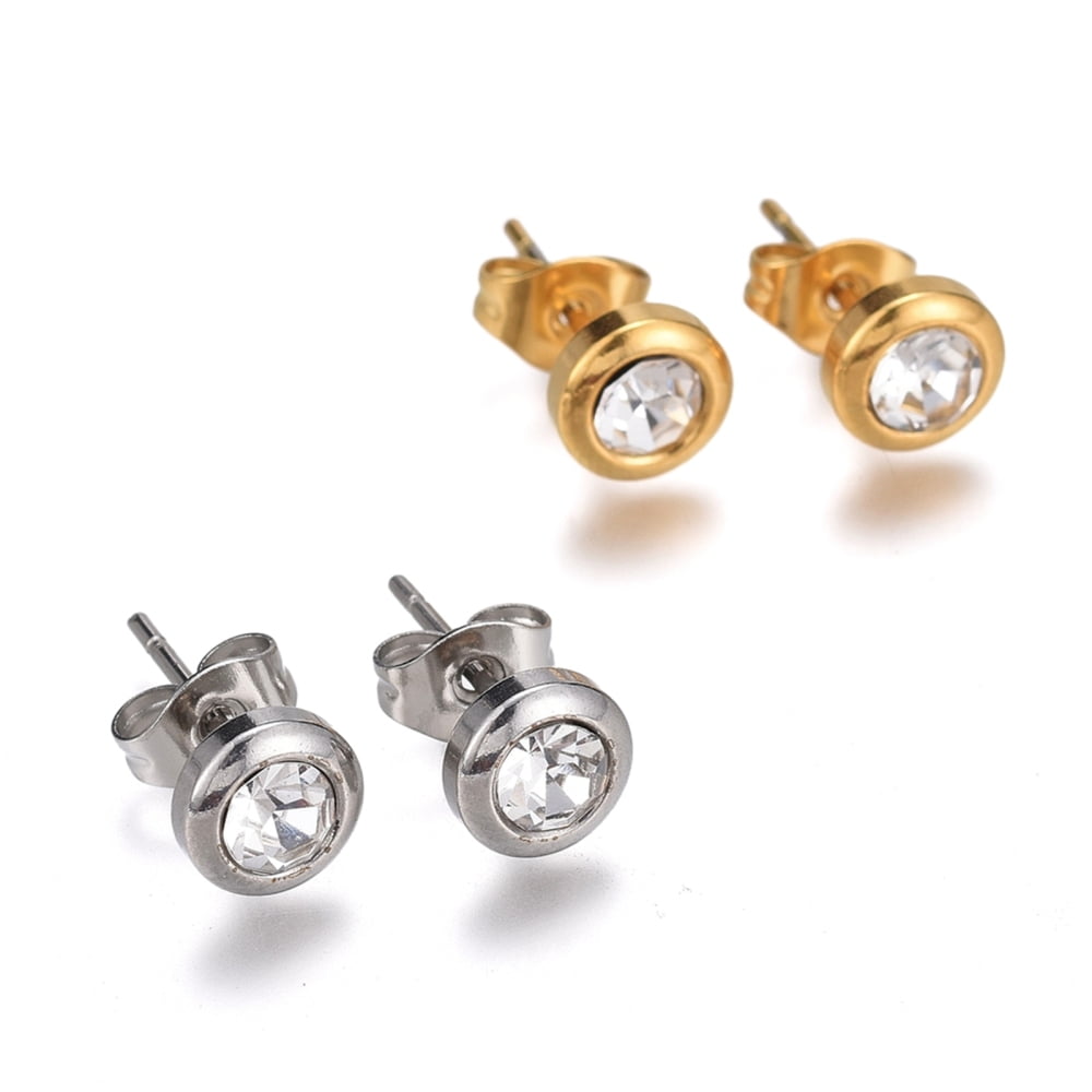5Card 304 Stainless Steel Stud Earrings with Cubic Zirconia and Ear Nuts Flat Round Clear Mixed Color 6.5mm Pin: 0.7mm 6pairs/card
