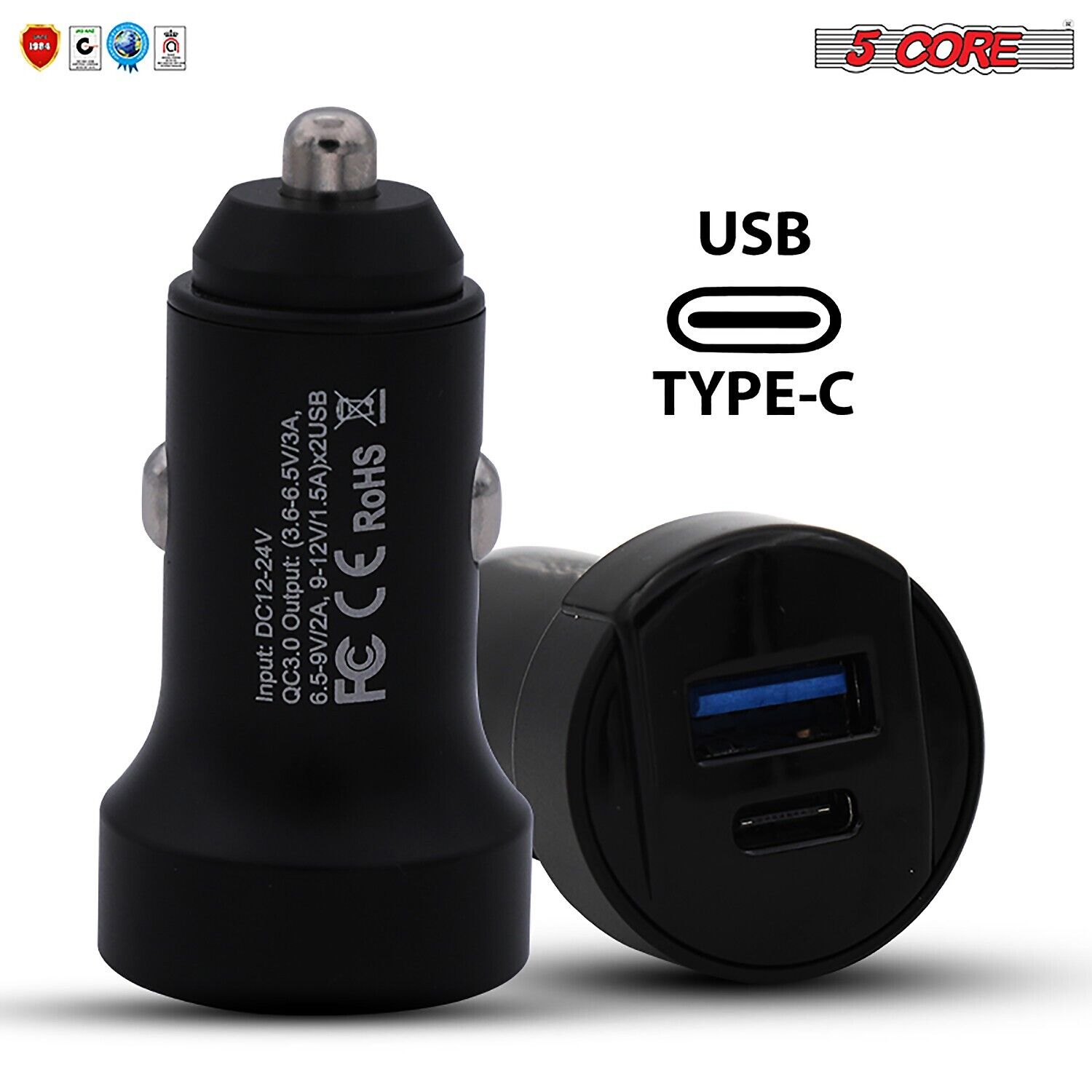 5Core 12V Car USB Fast Charger USBC Adapter For iPhone, Samsung