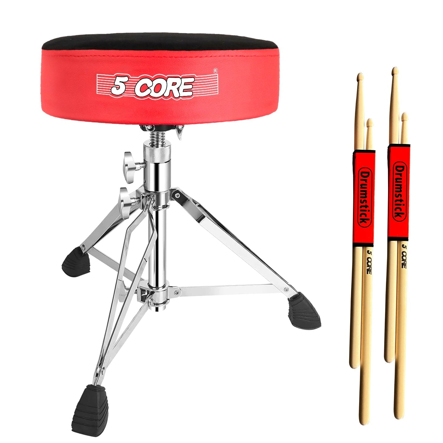 5 CORE Drum Throne 5" Padded Round Velvet Top Seat Heavy Duty Drummer Stool Swivel Height Adjustable Double Braced Chair Red - DS CH RED VEL HD