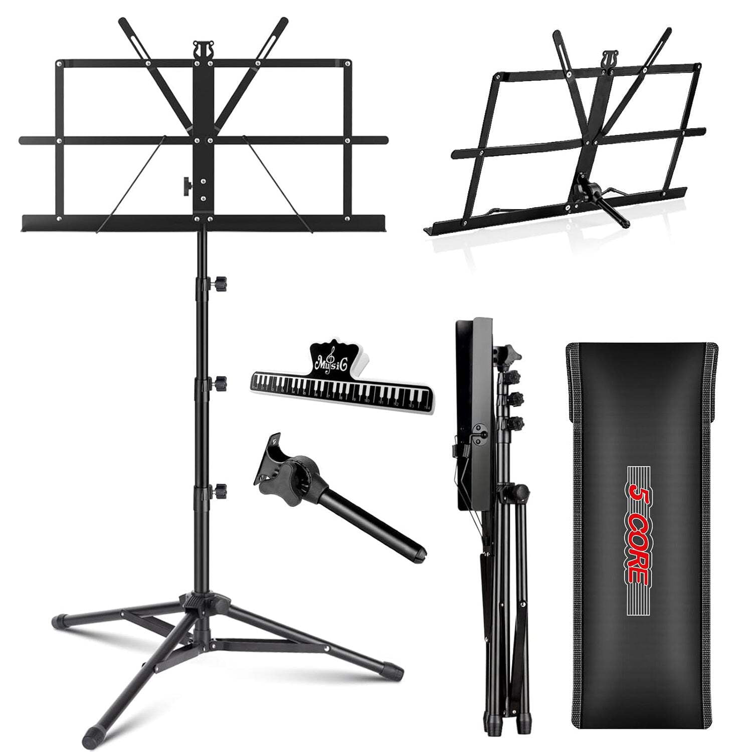 Adjustable Black Metal Tripod Music Stand with Large Tray