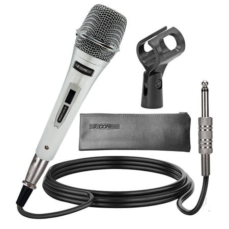 5Core Premium Vocal Dynamic Cardioid Handheld Microphone Neodymium Magnet Unidirectional Mic, 16ft Detachable XLR Deluxe Cable to ¼ Audio Jack Mic Clip On/Off Switch for Karaoke Singing ND 909 Chrome