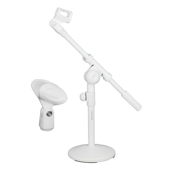 5 Core Desk Microphone Stand Adjustable Round Base with Boom Arm, 3/8'' and 5/8/'' Threaded Mount and Mic Holder for Kick Drums Guitar Amps White - MSSB W