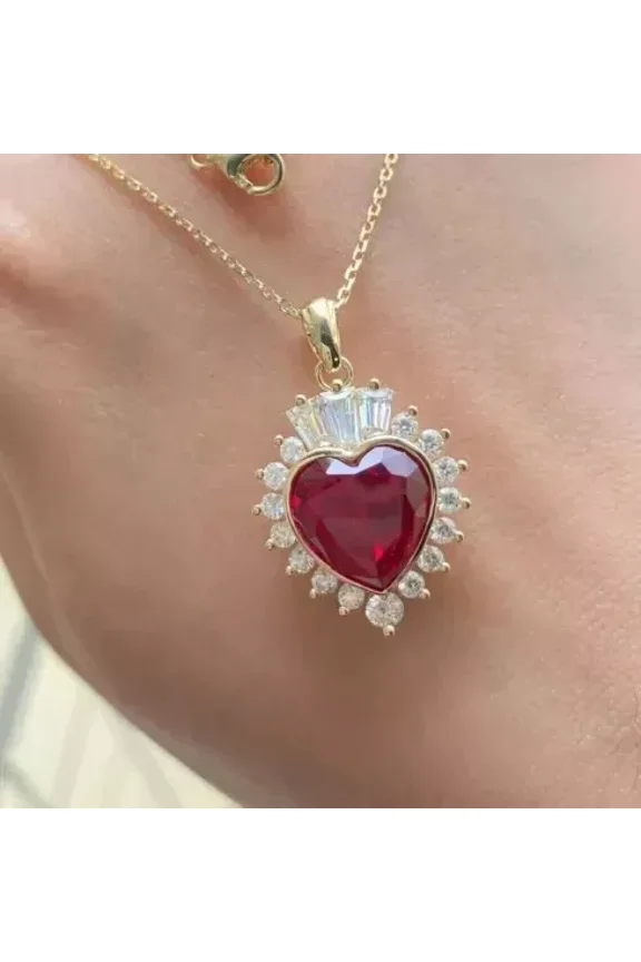 5Ct Heart Simulated Red Ruby 14k Yellow Gold Filled Silver Halo Pendant Necklace