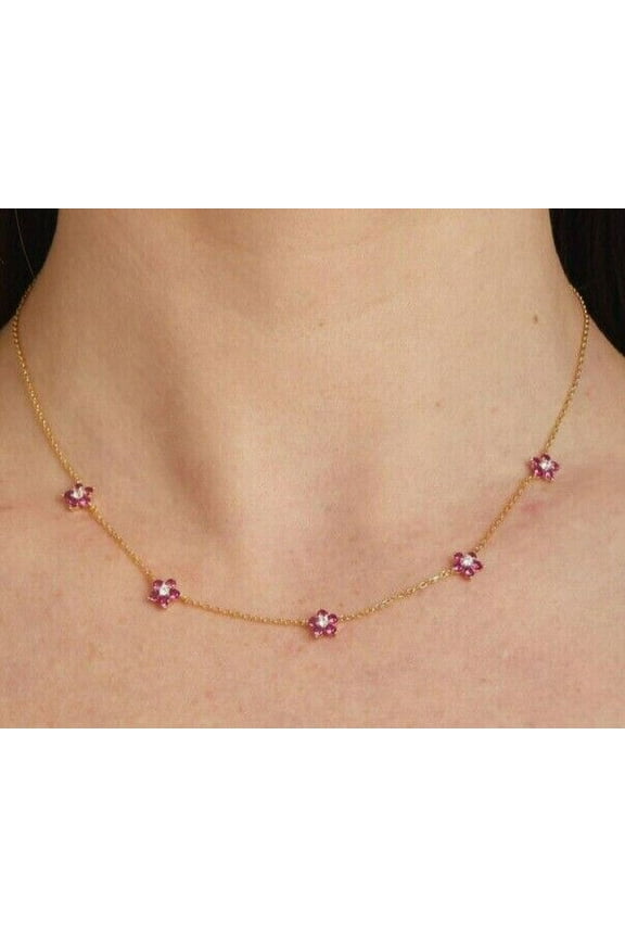 5Ct Round Cut Pink Ruby Flower Chain Charm Necklace For Women 14K Yellow Gold Plated