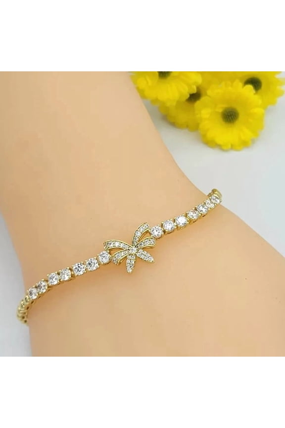 5Ct Round Cut Simulated Diamond Women's Wedding Bow Tennis Bracelet 14K Yellow Gold Plated