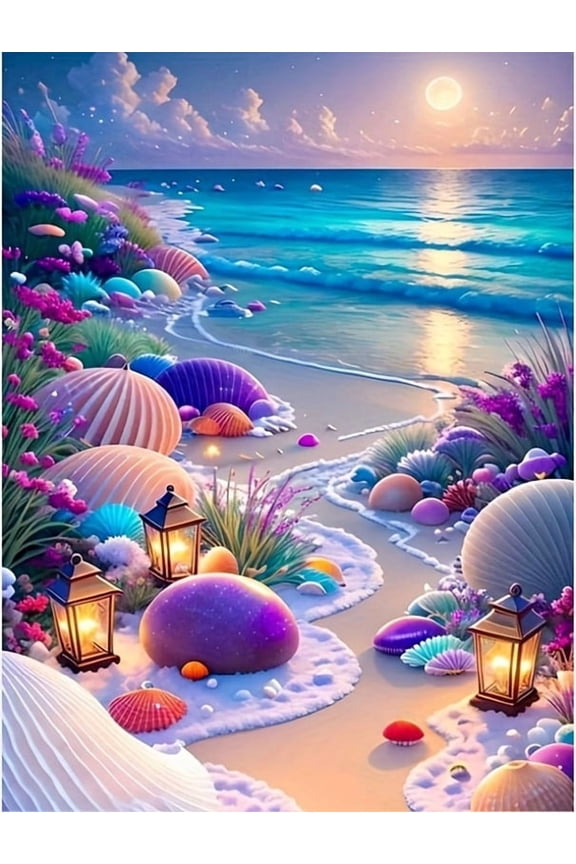 5D Beach Diamond Painting Kit for Adults Beginners,DIY Beach Flowers Paint by Diamond Art Kits,Diamonds Dot Gem Arts and Crafts Crystal Sets for Home Decor 12x16inch