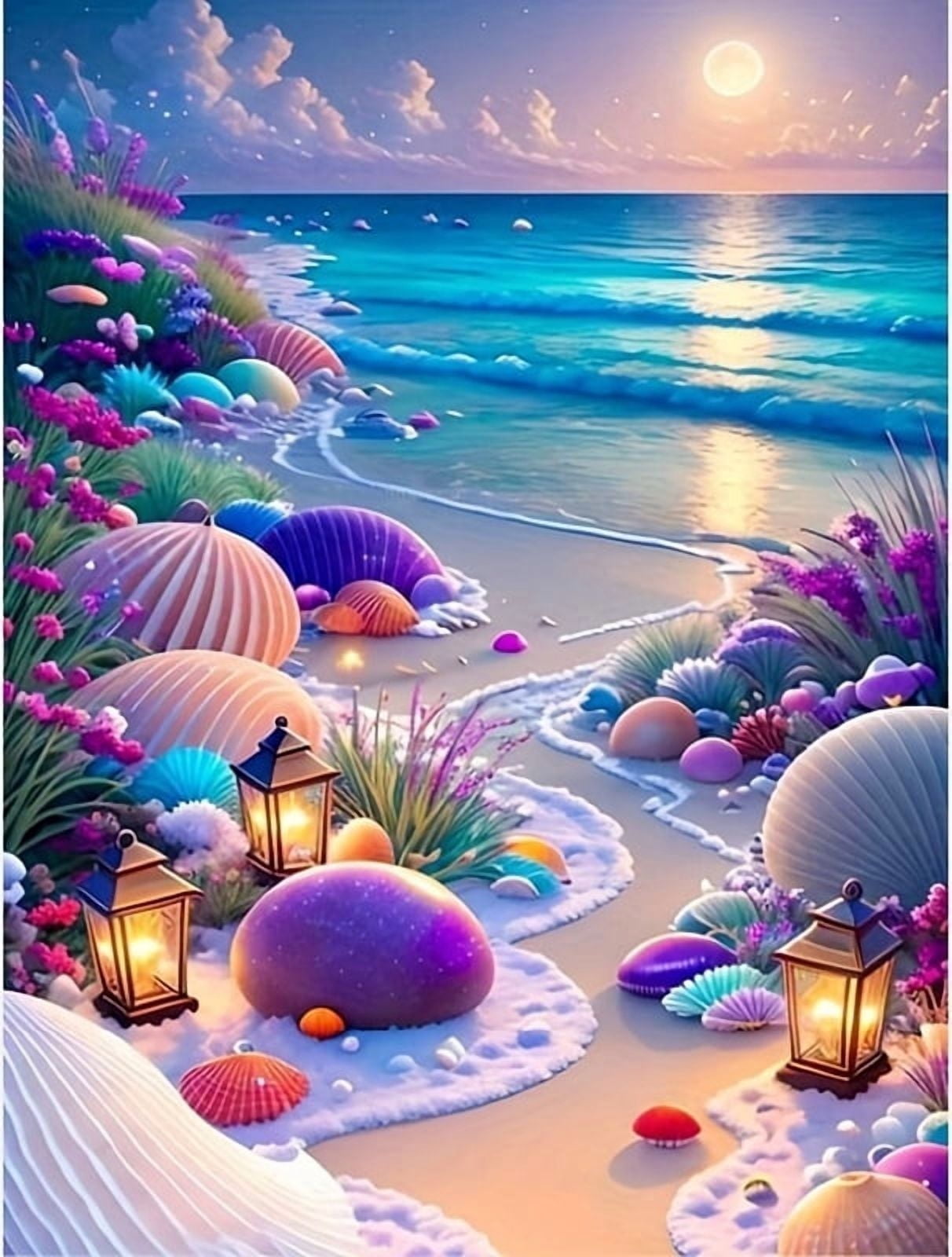 5D Beach Diamond Painting Kit for Adults Beginners,DIY Beach Flowers Paint by Diamond Art Kits,Diamonds Dot Gem Arts and Crafts Crystal Sets for Home Decor 12x1