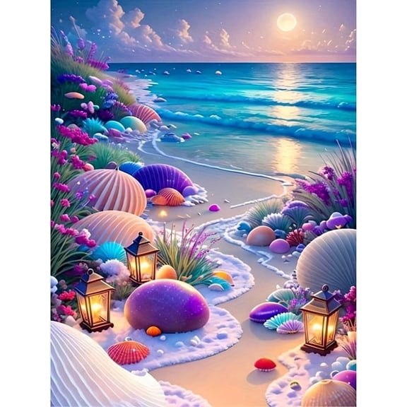 5D Beach Diamond Painting Kit for Adults Beginners,DIY Beach Flowers Paint by Diamond Art Kits,Diamonds Dot Gem Arts and Crafts Crystal Sets for Home Decor 12x16inch