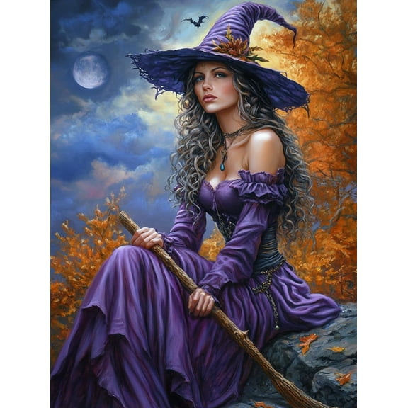 5D Beautiful Witch Diamond Painting 12x16 Inch, Full Round Drill Kits Mosaic Art for Adults Relax & Home Wall Decor Festival Gift A398