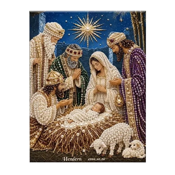 5D Christmas Nativity Scene Pearl Art DIY Kit Framed Adult Rhinestone Painting for Home Wall Decor B